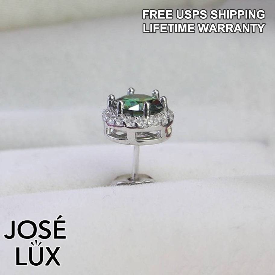 Handmade Men’s Round Halo Stud Earring — 925 Sterling Silver, Rhodium Plated White Gold Finish, Green Moissanite 0.8ct