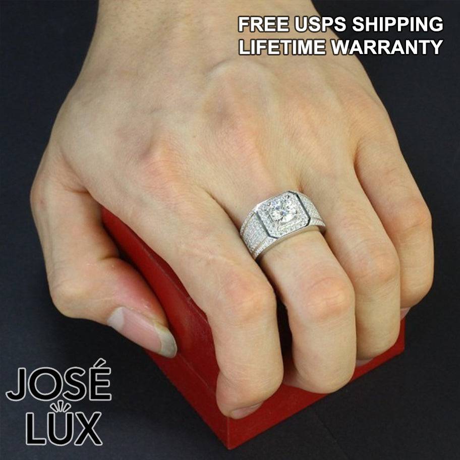 Handmade Men's Square Halo Iced Out Ring — 925 Sterling Silver, Rhodium Plated White Gold Finish, Full Moissanite