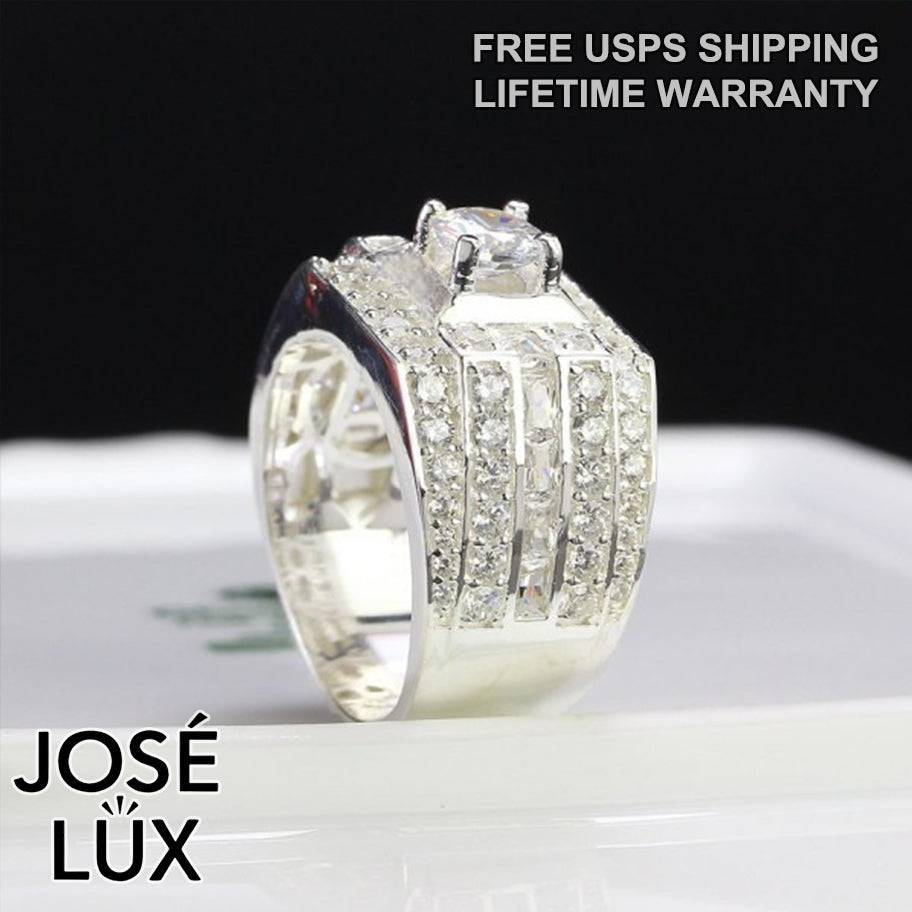 Handmade Men’s Cluster CZ Wide Band Ring — 925 Sterling Silver, Rhodium Plated White Gold Finish, Swiss-Certified CZ