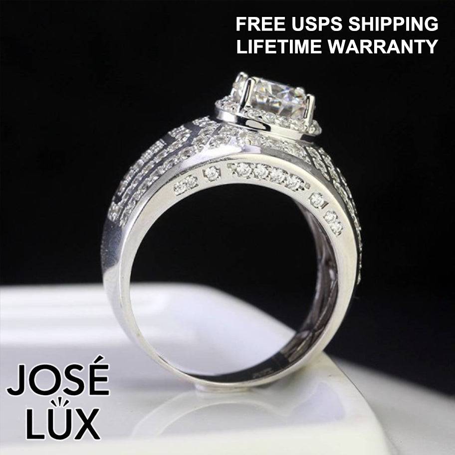 Handmade Men's Round Center Ring with Full Pavé Halo — 925 Sterling Silver, Rhodium Plated White Gold Finish, Blue-Green Moissanite & CZ