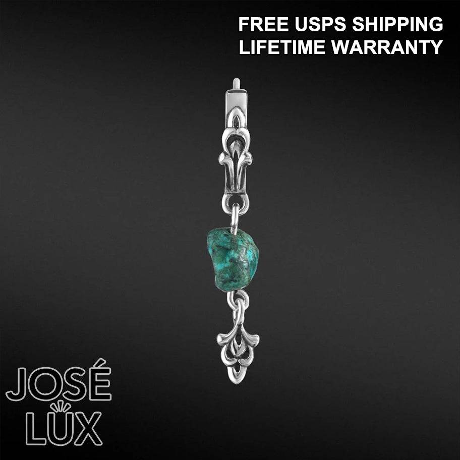 Handmade Turquoise Dangle Huggie Earring — Men's 925 Sterling Silver, Raw Natural Stone & Hand-Cast Silver Charm