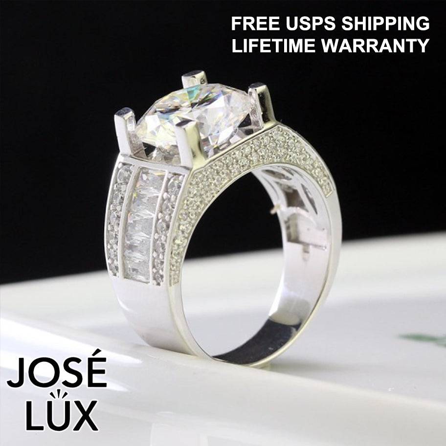 Handmade Men's Round Center Ring with Baguette Side Stones — 925 Sterling Silver, Rhodium Plated White Gold Finish, Moissanite & CZ