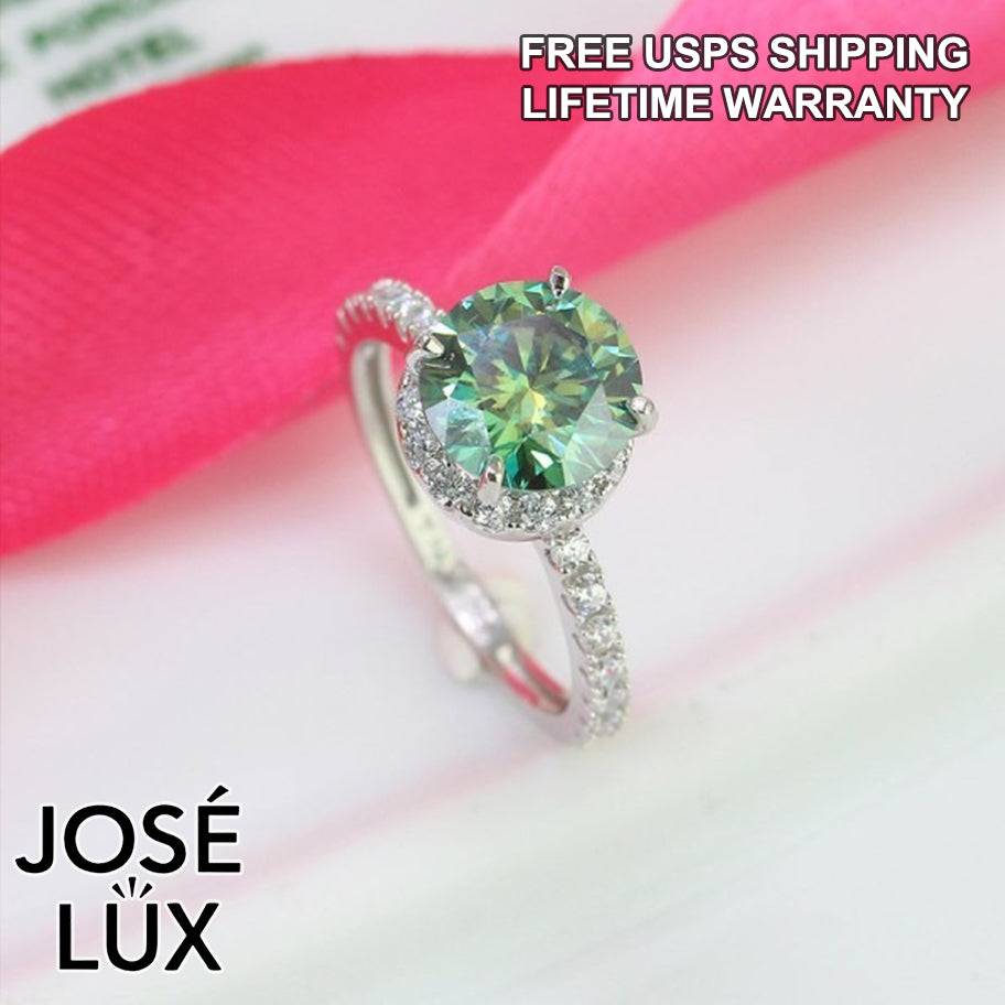 Handmade Green Moissanite Solitaire Halo Ring — 925 Sterling Silver, Rhodium Plated White Gold Finish, GRA Moissanite