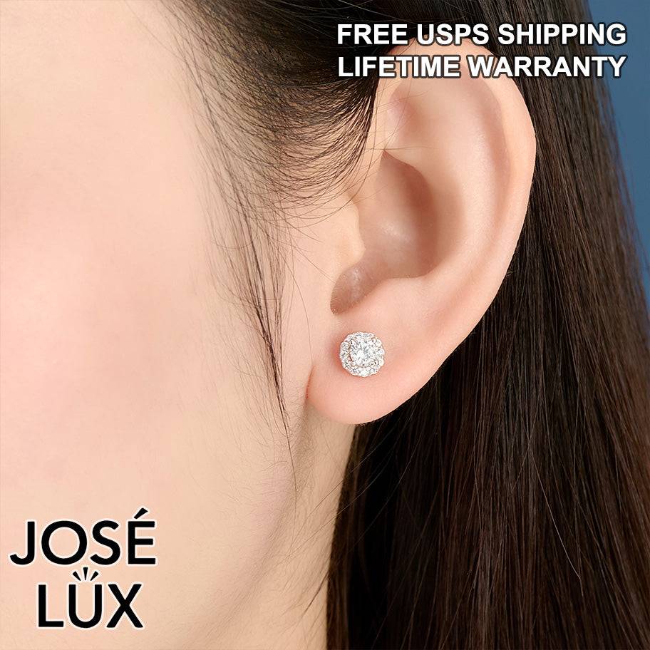 Handmade Round Halo Stud Earrings — 925 Sterling Silver, Rhodium Plated White Gold Finish, Swiss CZ