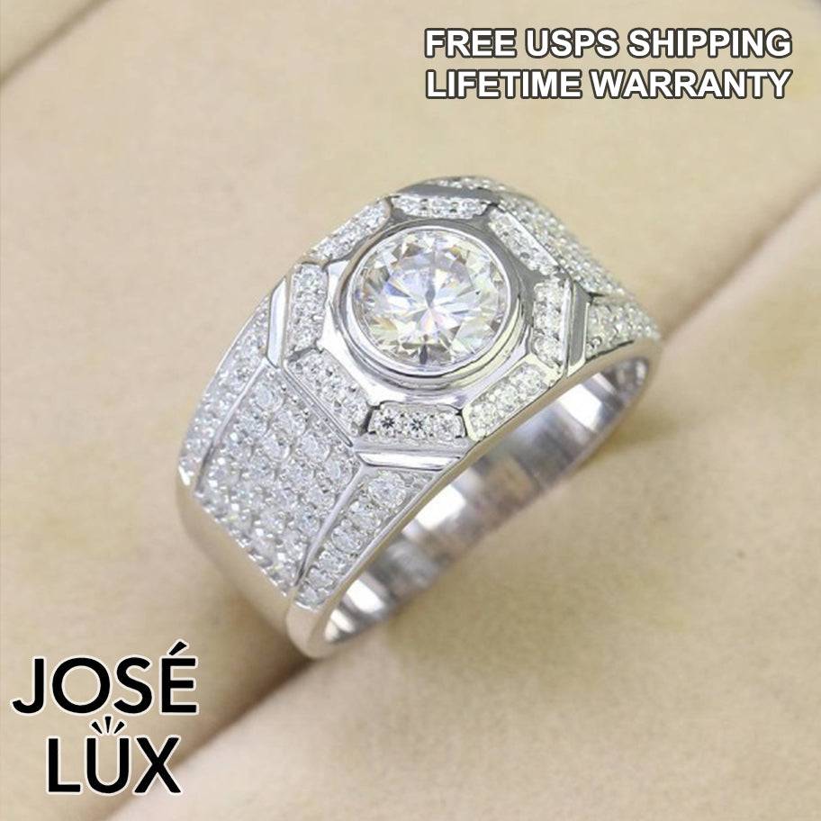 Handmade Men's Bezel Set Ring — 925 Sterling Silver, Rhodium Plated White Gold Finish, GRA Moissanite