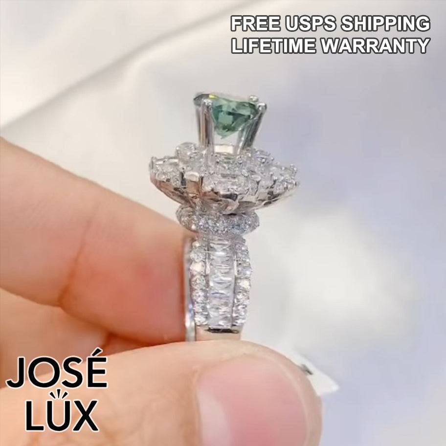 Handmade Green Moissanite Ballerina Ring — 925 Sterling Silver, Rhodium Plated White Gold Finish, GRA Moissanite