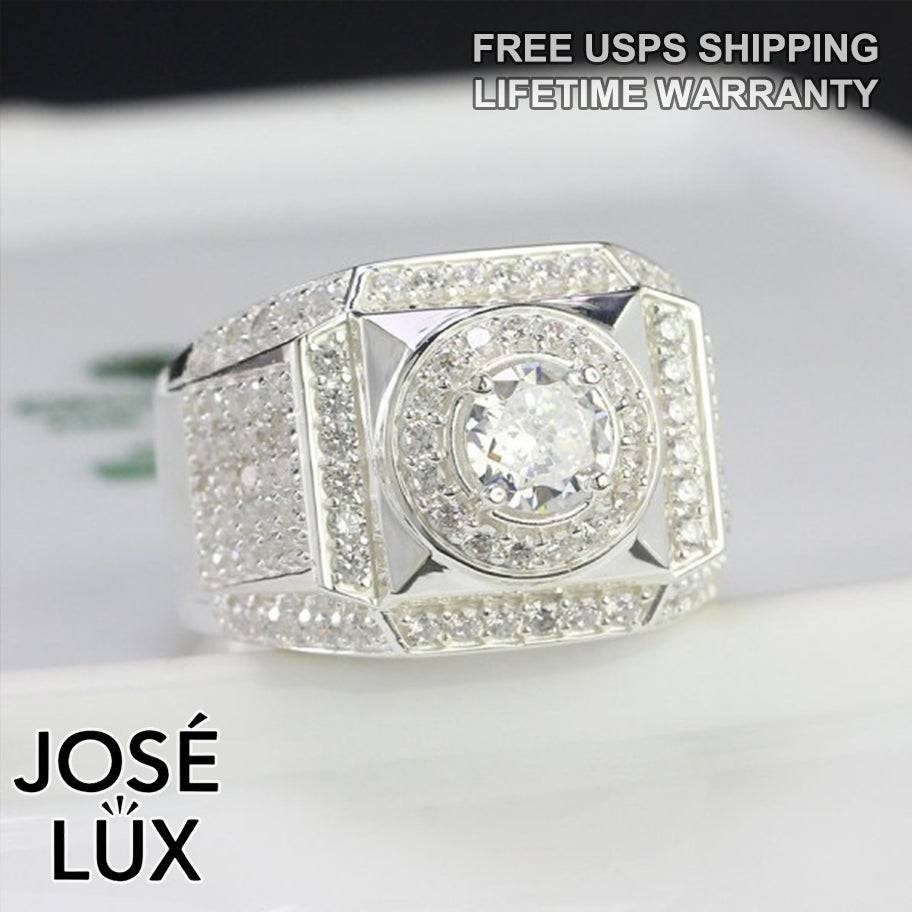 Handmade Men’s Double Halo CZ Ring — 925 Sterling Silver, Rhodium Plated White Gold Finish, Swiss-Certified CZ