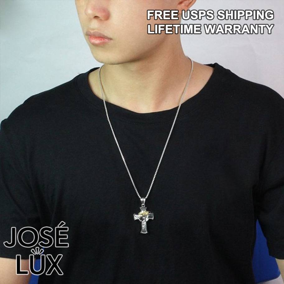 Handmade Jesus Face Cross Pendant Necklace for Men — 925 Sterling Silver, Two-Tone Gold Crown of Thorns, Rhodium Plated White Finish