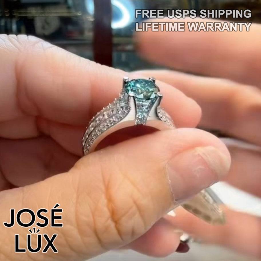 Handmade Bypass Split Shank Moissanite Ring — Green Moissanite, 925 Sterling Silver, Rhodium Plated White Gold Finish, GRA Moissanite
