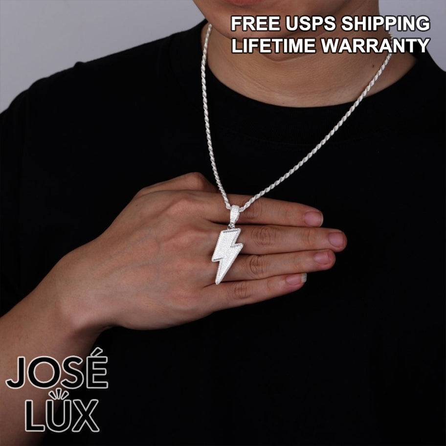 Handmade Iced Out Lightning Bolt Pendant Necklace for Men — 925 Sterling Silver, Rhodium Plated White Gold Finish, Swiss CZ