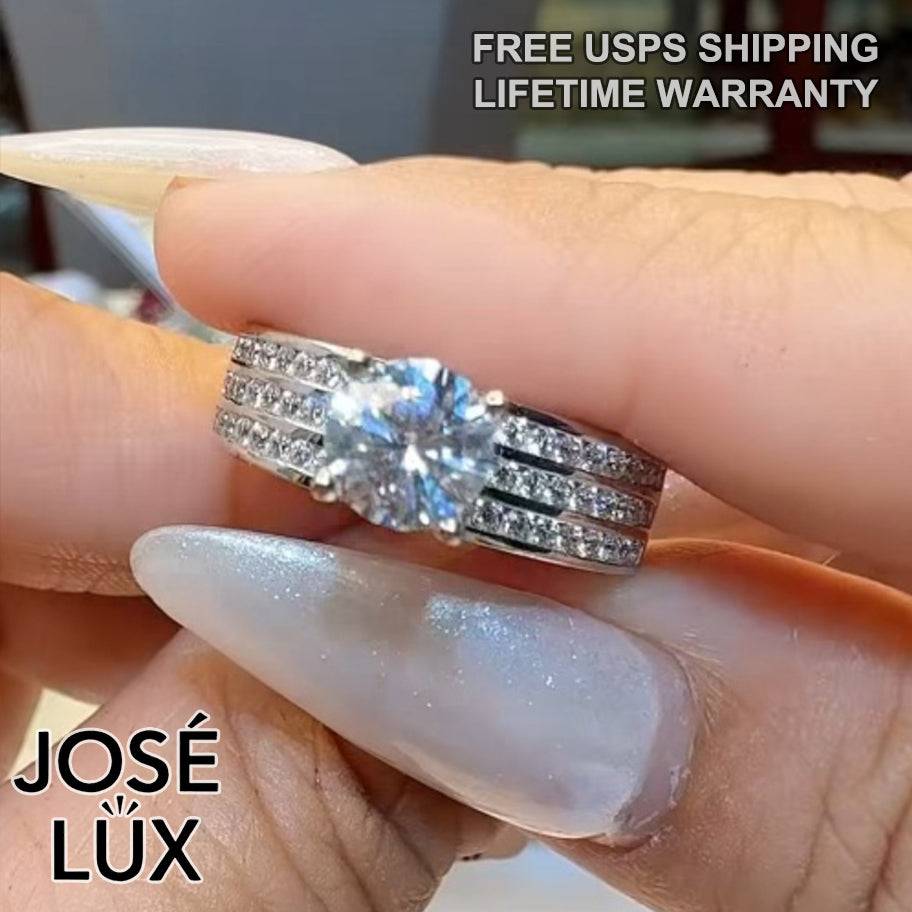 Handmade Triple Row Pavé Moissanite Ring — 925 Sterling Silver, Rhodium Plated White Gold Finish, GRA Moissanite