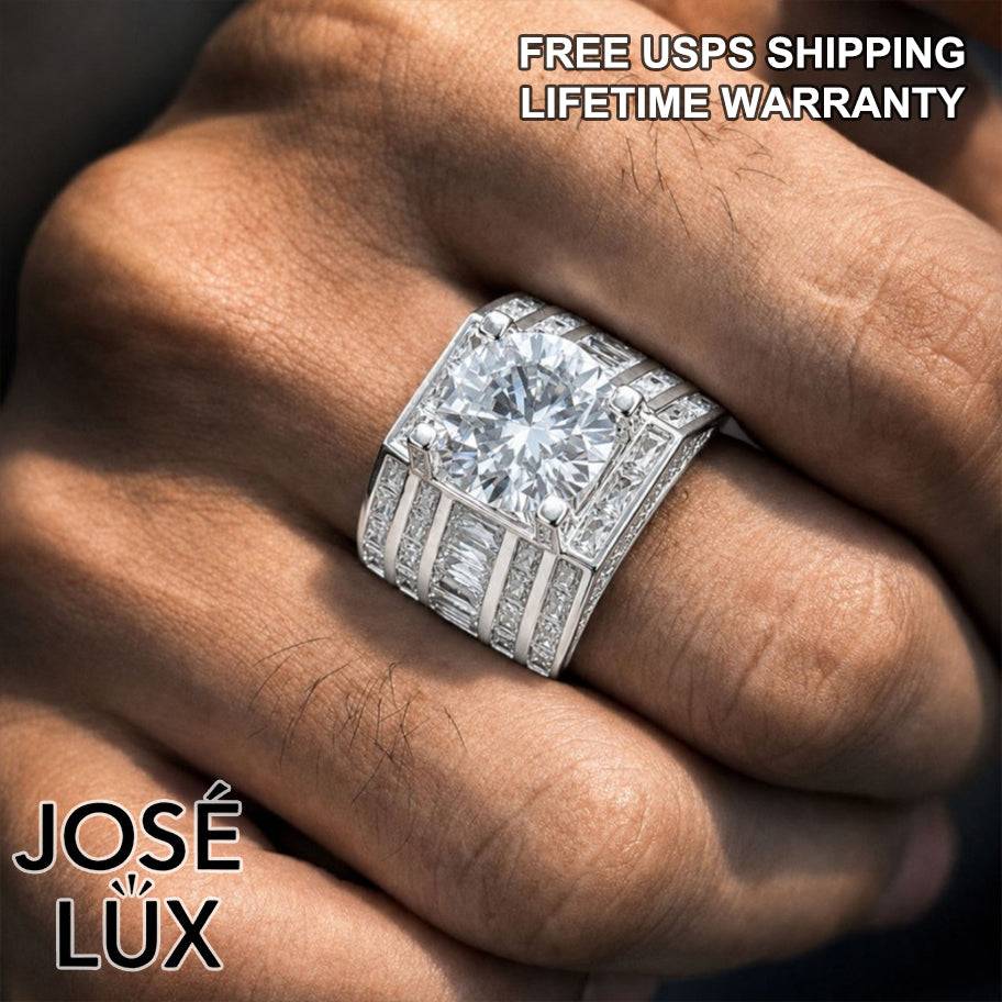 Handmade Men's Vertical Baguette Channel Set Ring — 925 Sterling Silver, Rhodium Plated White Gold Finish, 12mm Moissanite & CZ