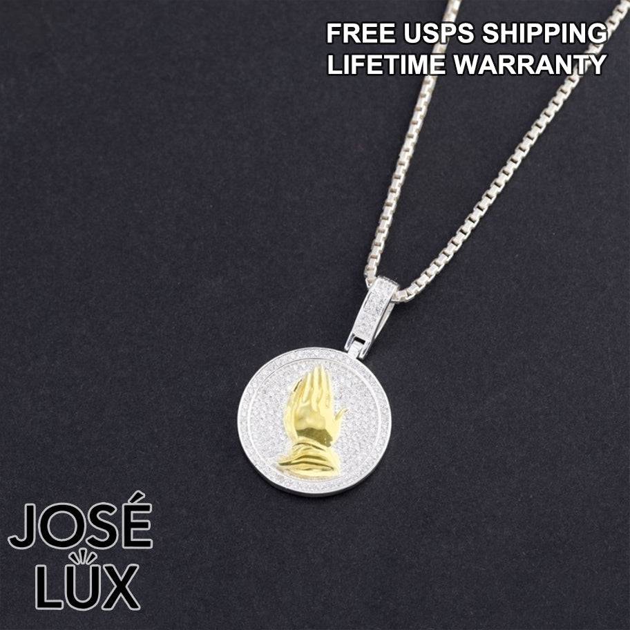 Handmade Iced Out Praying Hands Pendant Necklace for Men — 925 Sterling Silver, Two-Tone Gold & White Rhodium Finish, Swiss CZ
