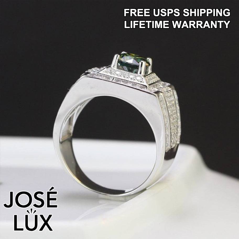 Handmade Men’s Double Square Halo Ring — 925 Sterling Silver, Rhodium Plated White Gold Finish, GRA Moissanite