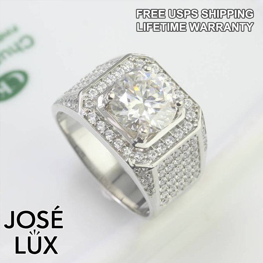 Handmade Men's Square Halo Ring — 925 Sterling Silver, Rhodium Plated White Gold Finish, 4ct Moissanite & CZ