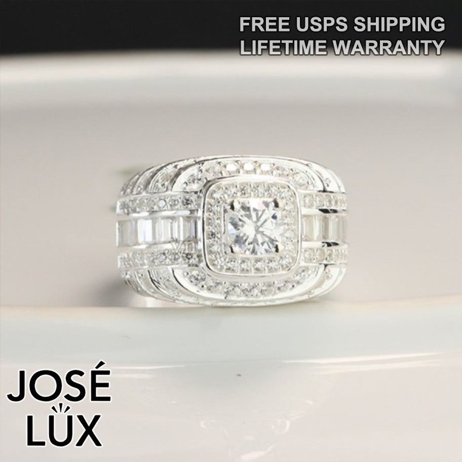 Handmade Men’s Halo CZ Ring — 925 Sterling Silver, Rhodium Plated White Gold Finish, Swiss-Certified CZ