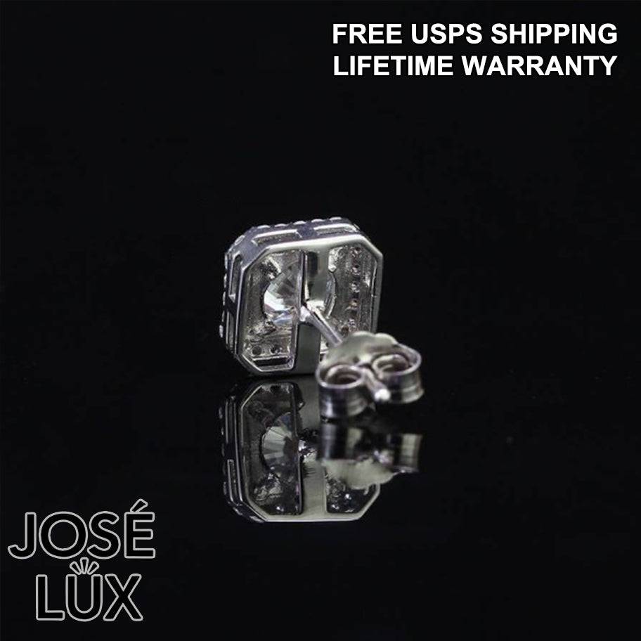 Handmade Men’s Square Halo Stud Earring — 925 Sterling Silver, Rhodium Plated White Gold Finish, GRA Moissanite 0.8ct