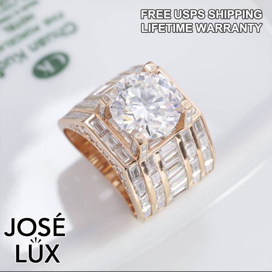 Handmade Men's Vertical Baguette Channel Set Ring — 925 Sterling Silver, Rose Gold Plated Finish, 12mm Moissanite & CZ