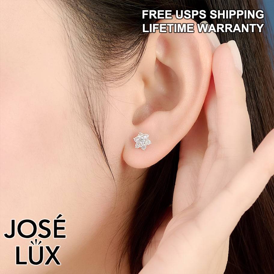 Handmade Snowflake CZ Stud Earrings — 925 Sterling Silver, Rhodium Plated White Gold Finish, Swiss CZ