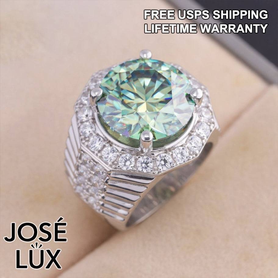 Handmade Men's Halo Ring — 925 Sterling Silver, Rhodium Plated White Gold Finish, 15mm Blue-Green Moissanite & Swiss CZ Halo