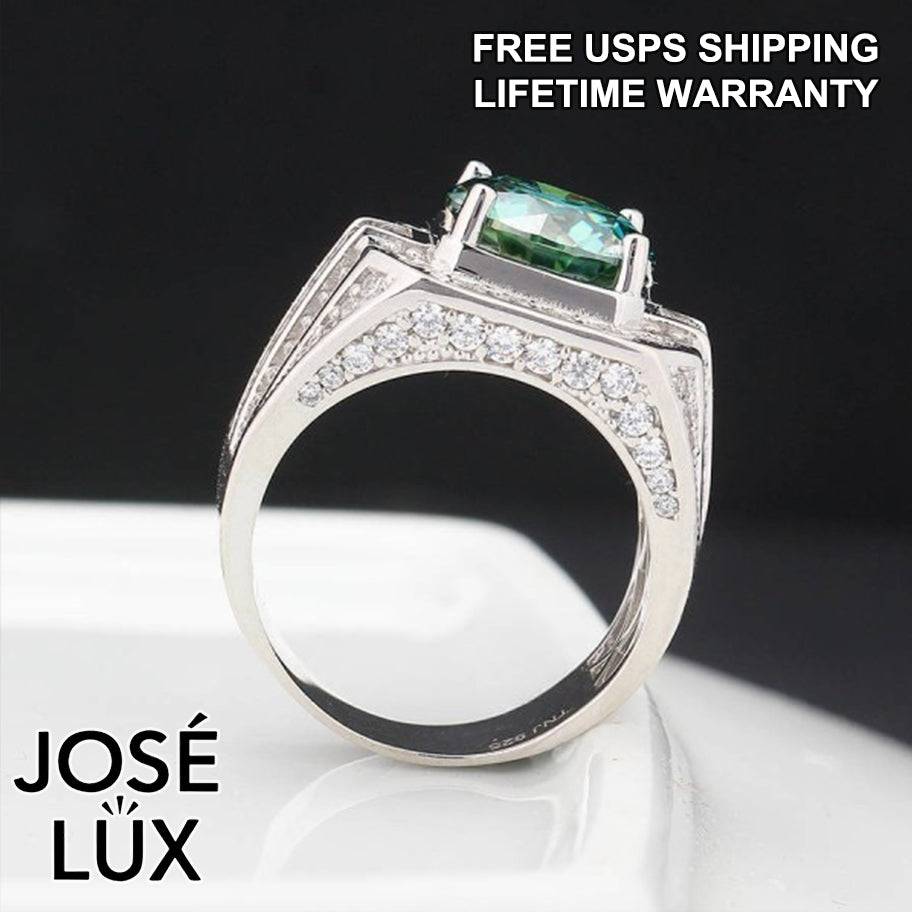 Handmade Men's Round Center Halo Ring with Baguette Side Stones — 925 Sterling Silver, Rhodium Plated White Gold Finish, Blue-Green Moissanite & CZ