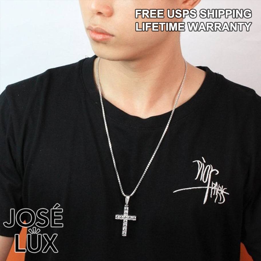 Handmade Iced Out Cross Pendant Necklace for Men — 925 Sterling Silver, Rhodium Plated White Gold Finish, Swiss CZ