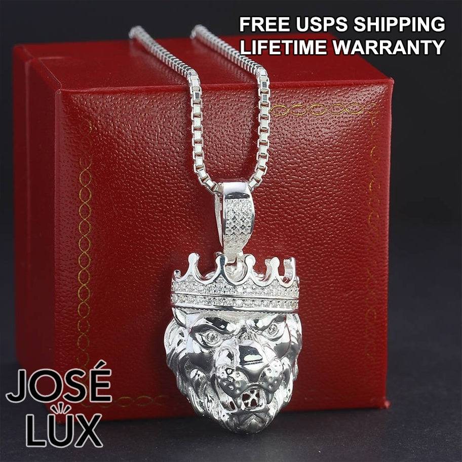 Handmade Lion King Crown Pendant Necklace for Men — 925 Sterling Silver, Rhodium Plated White Gold Finish, Swiss CZ