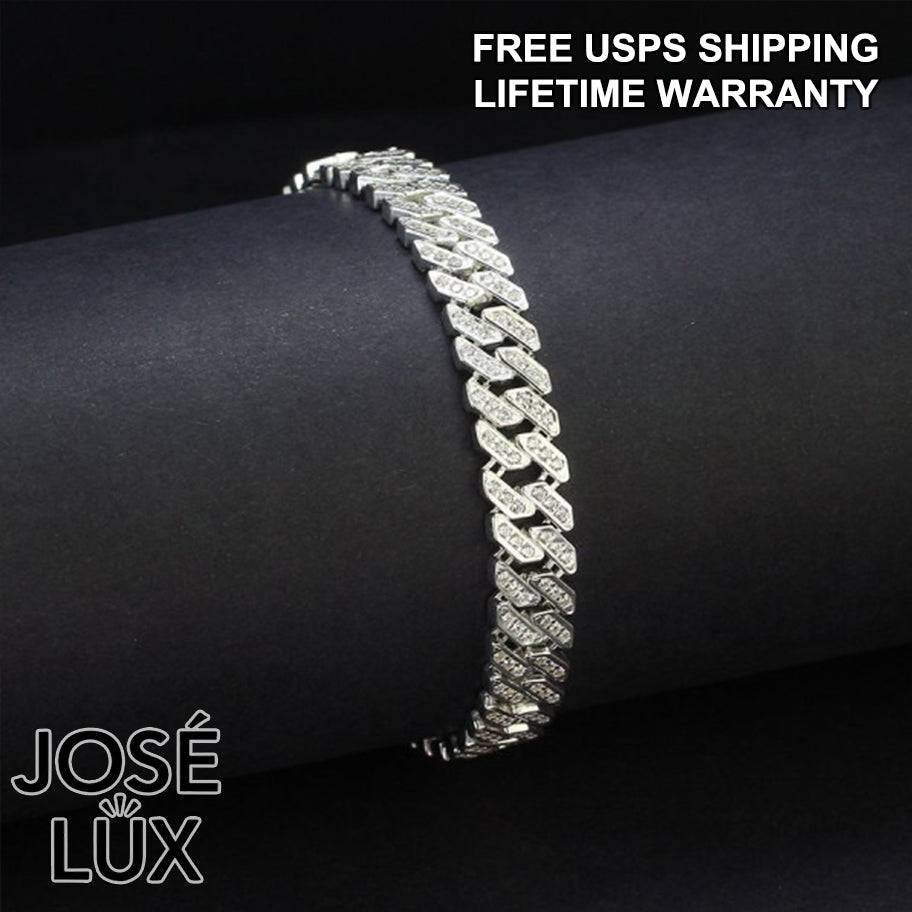 Handmade Miami Cuban Link Bracelet for Men — 7mm, 925 Sterling Silver, Pavé-Set Swiss CZ, Rhodium Plated White Gold Finish