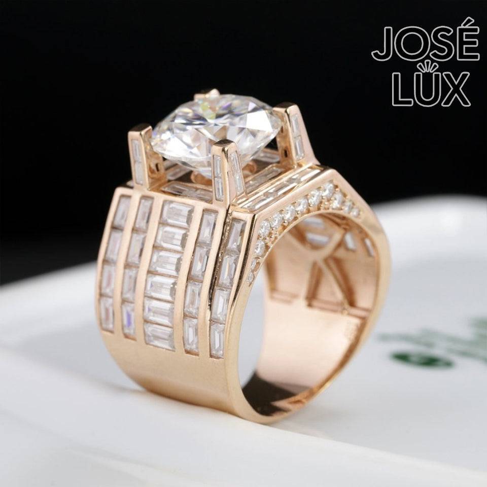 Handmade Men's Vertical Baguette Channel Set Ring — 925 Sterling Silver, Rose Gold Plated Finish, 12mm Moissanite & CZ