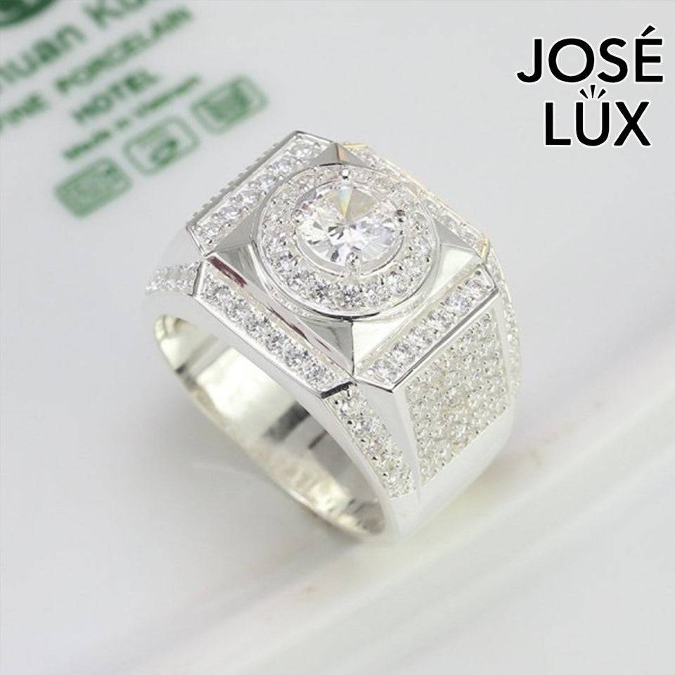 Handmade Men’s Double Halo CZ Ring — 925 Sterling Silver, Rhodium Plated White Gold Finish, Swiss-Certified CZ