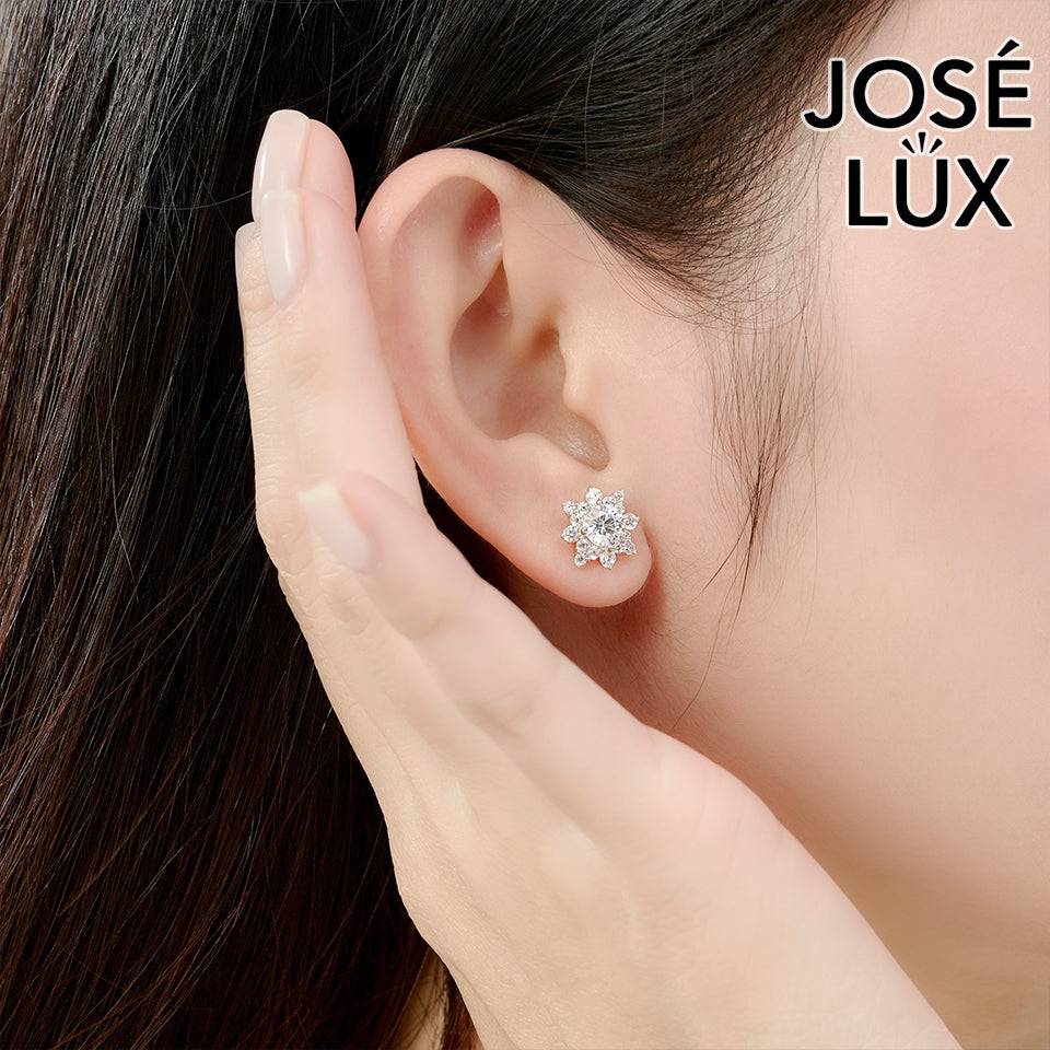 Handmade Star Halo CZ Stud Earrings — 925 Sterling Silver, Rhodium Plated White Gold Finish, Swiss CZ
