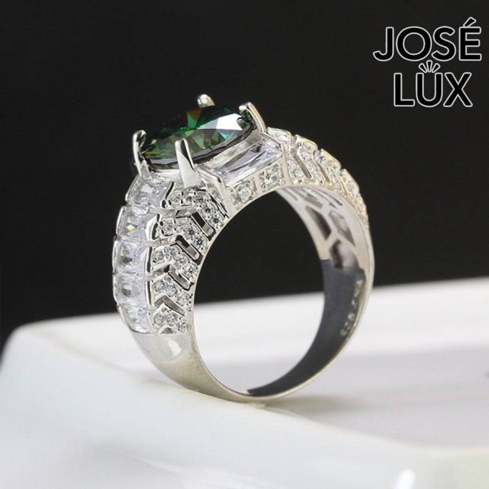 Handmade Men's Round Center Ring with Baguette Side Stones and Chevron Pavé — 925 Sterling Silver, Rhodium Plated White Gold Finish, Moissanite & CZ