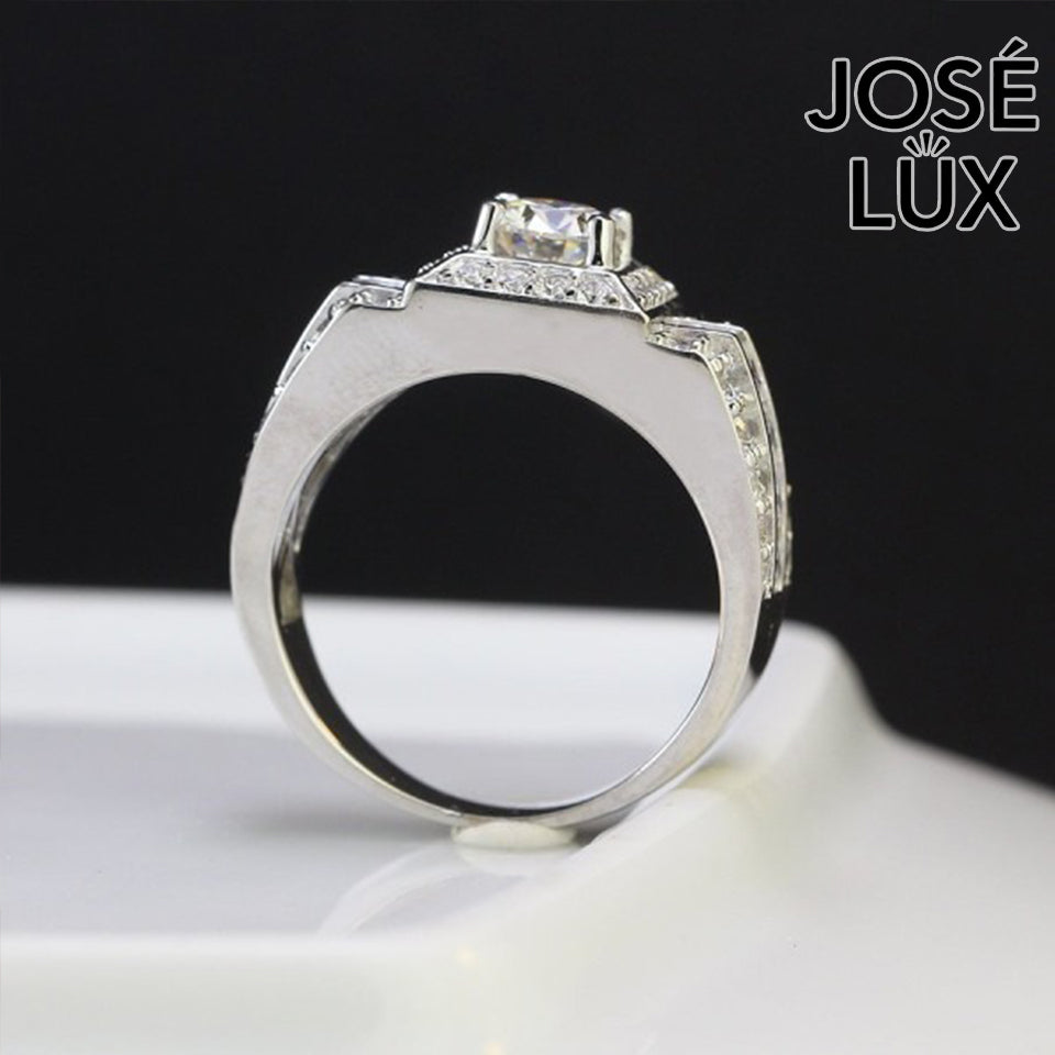 Handmade Men's Moissanite Halo Solitaire Ring — Princess Channel Band, 925 Sterling Silver, Rhodium Plated White Gold Finish
