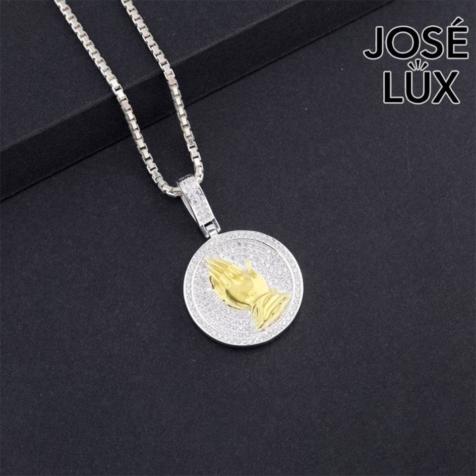 Handmade Iced Out Praying Hands Pendant Necklace for Men — 925 Sterling Silver, Two-Tone Gold & White Rhodium Finish, Swiss CZ