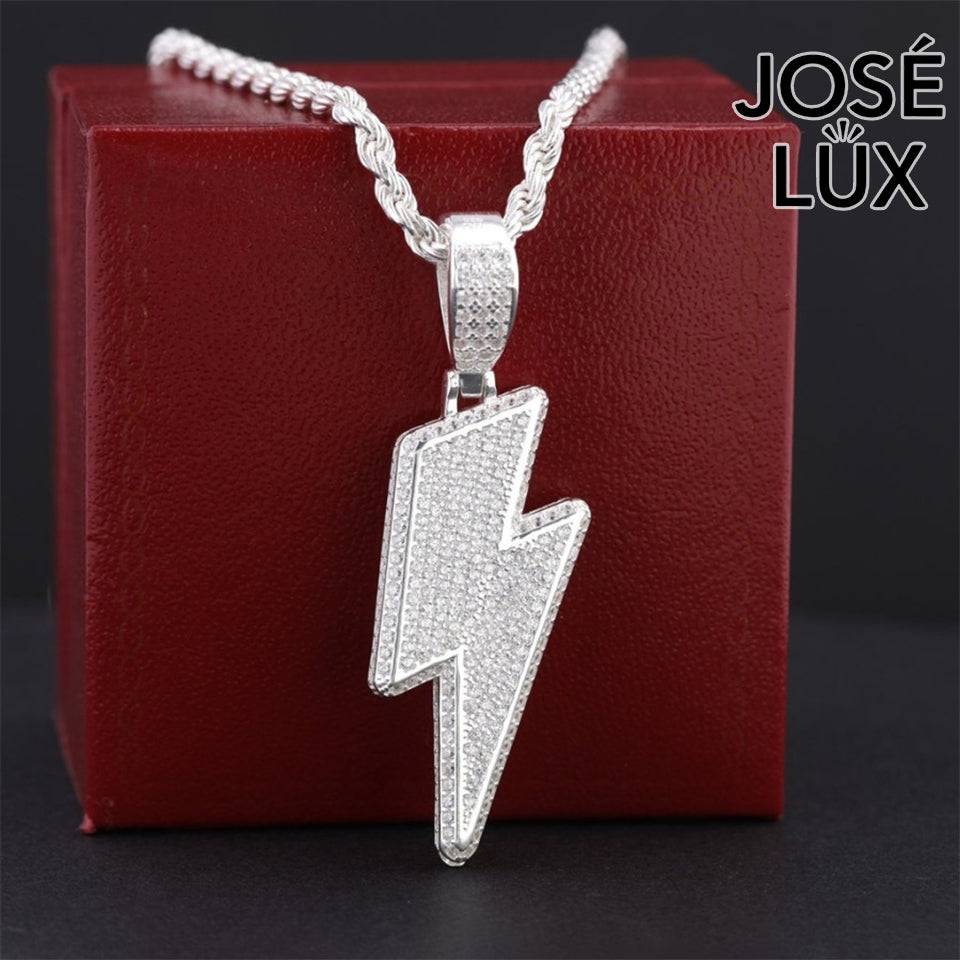 Handmade Iced Out Lightning Bolt Pendant Necklace for Men — 925 Sterling Silver, Rhodium Plated White Gold Finish, Swiss CZ