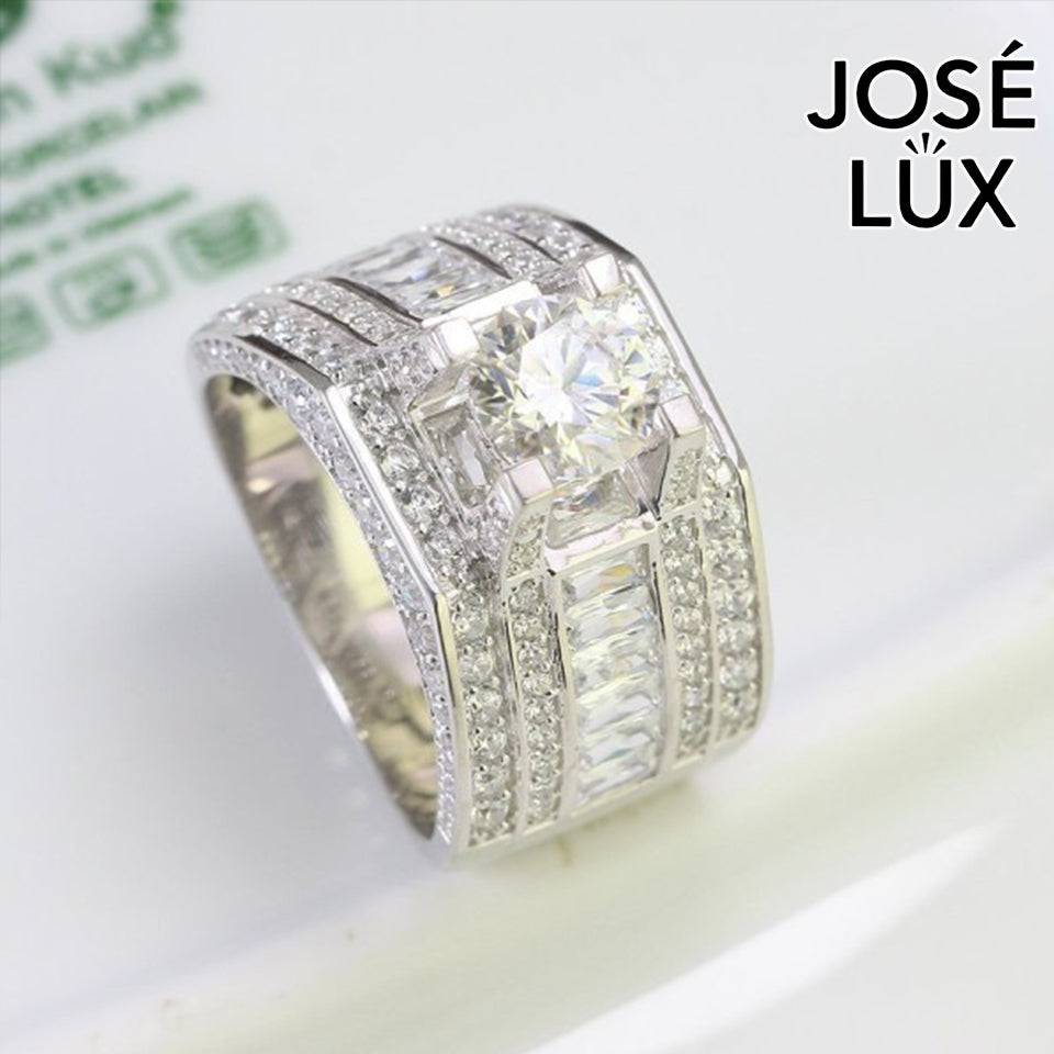 Handmade Men's Round Center Ring with Baguette Side Stones — 925 Sterling Silver, Rhodium Plated White Gold Finish, Blue-Green Moissanite & CZ