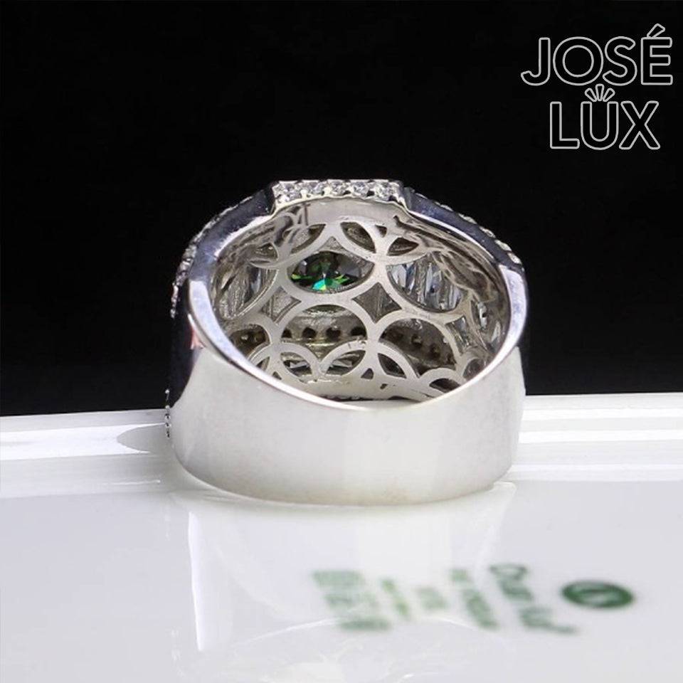 Handmade Men's Green Moissanite Wide Band Ring — 925 Sterling Silver, Rhodium Plated White Gold Finish, GRA Moissanite