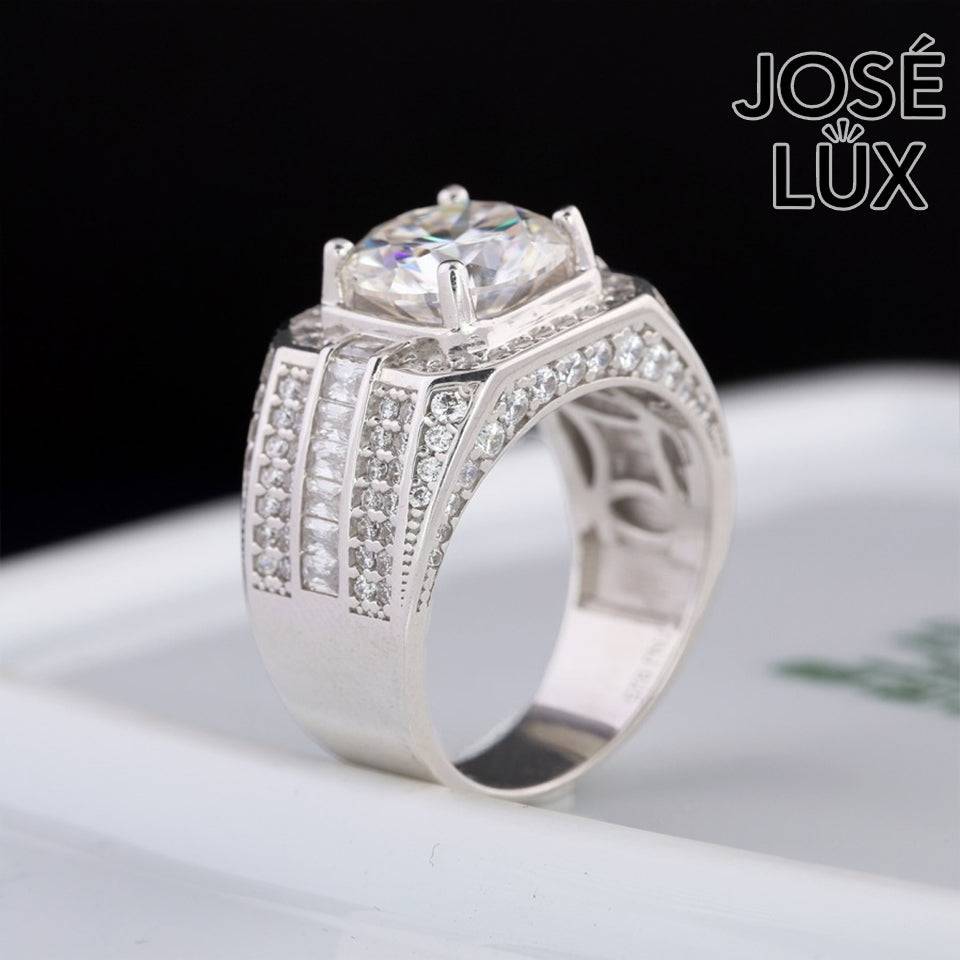 Handmade Men's Square Halo Ring with Baguette Channel — 925 Sterling Silver, Rhodium Plated White Gold Finish, Moissanite & CZ
