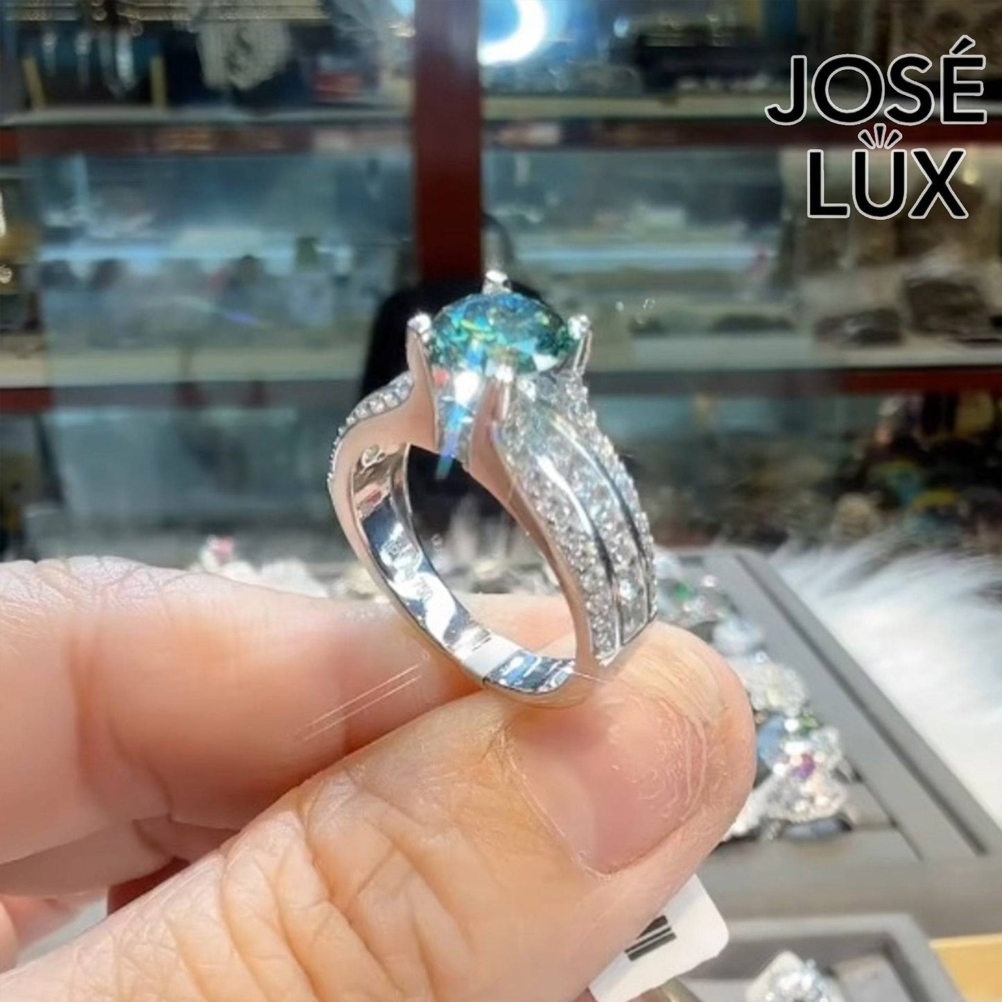 Handmade Bypass Split Shank Moissanite Ring — Green Moissanite, 925 Sterling Silver, Rhodium Plated White Gold Finish, GRA Moissanite