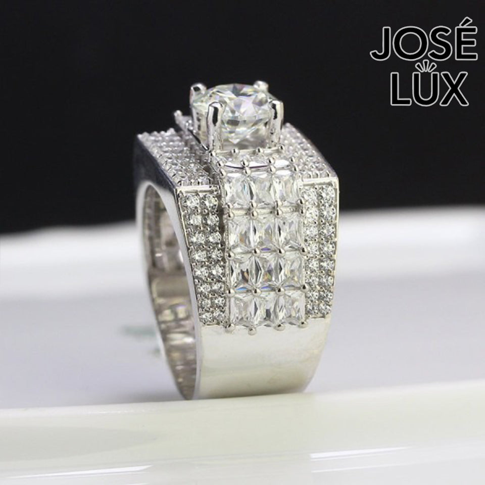 Handmade Men's Moissanite Bust Down Ring — 925 Sterling Silver, Rhodium Plated White Gold Finish, 7.5mm Moissanite & Swiss CZ