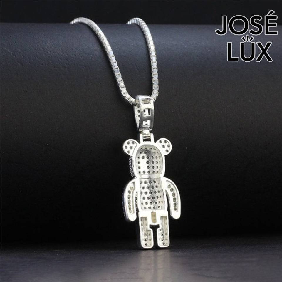 Handmade Iced Out Brick Bear Pendant Necklace for Men — 925 Sterling Silver, Rhodium Plated White Gold Finish, Swiss CZ