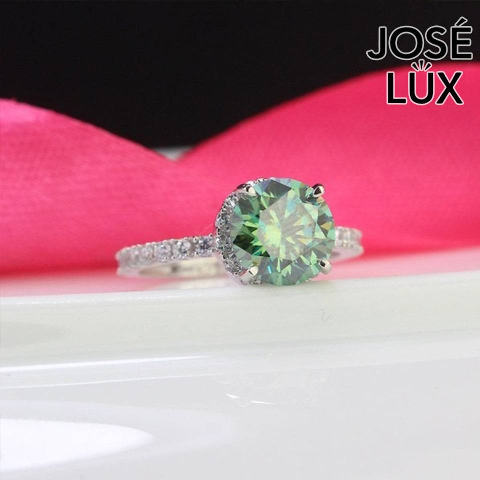Handmade Green Moissanite Solitaire Halo Ring — 925 Sterling Silver, Rhodium Plated White Gold Finish, GRA Moissanite