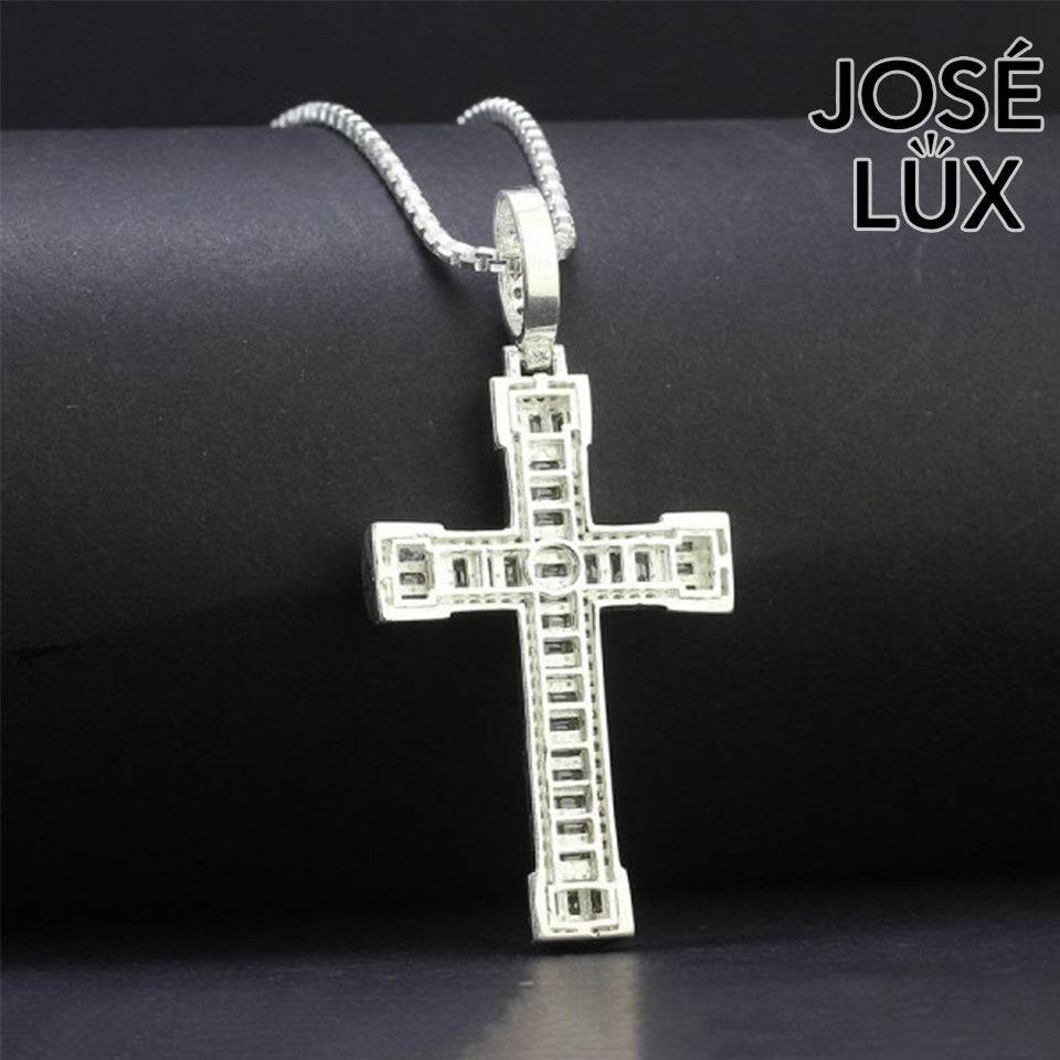 Handmade Iced Out Baguette Cross Pendant Necklace for Men — 925 Sterling Silver, Rhodium Plated White Gold Finish, Swiss CZ