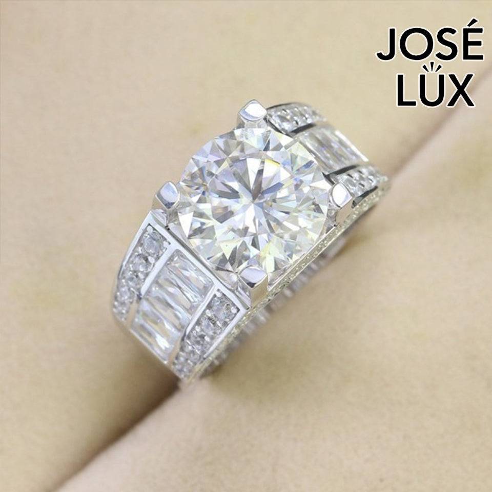 Handmade Men's Round Center Ring with Baguette Side Stones — 925 Sterling Silver, Rhodium Plated White Gold Finish, Moissanite & CZ