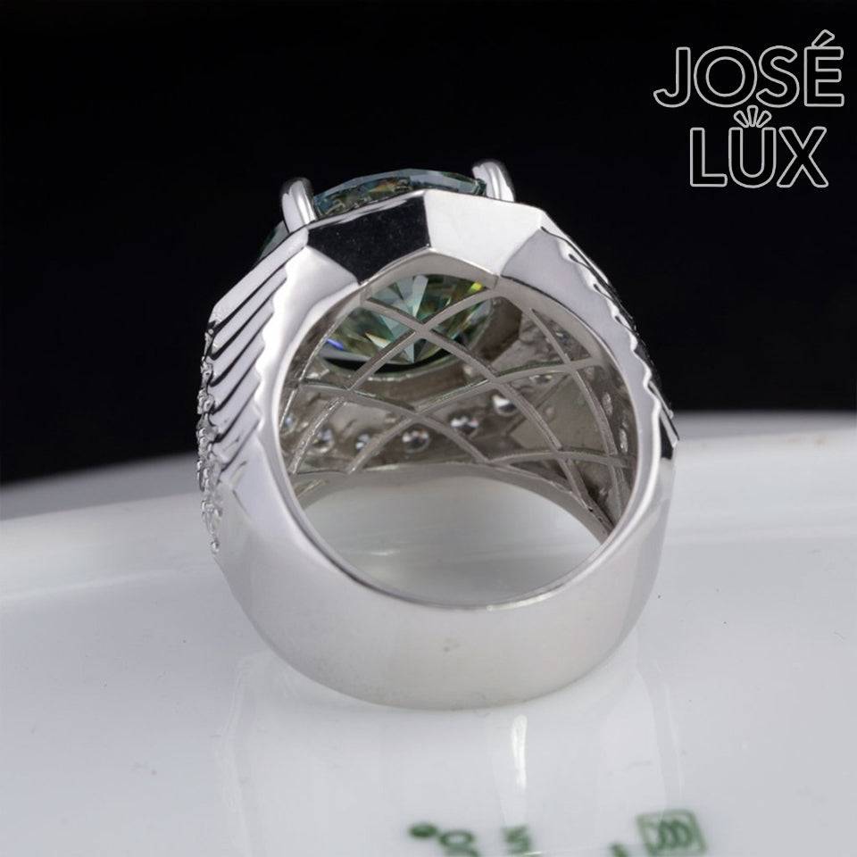 Handmade Men's Halo Ring — 925 Sterling Silver, Rhodium Plated White Gold Finish, 15mm Blue-Green Moissanite & Swiss CZ Halo