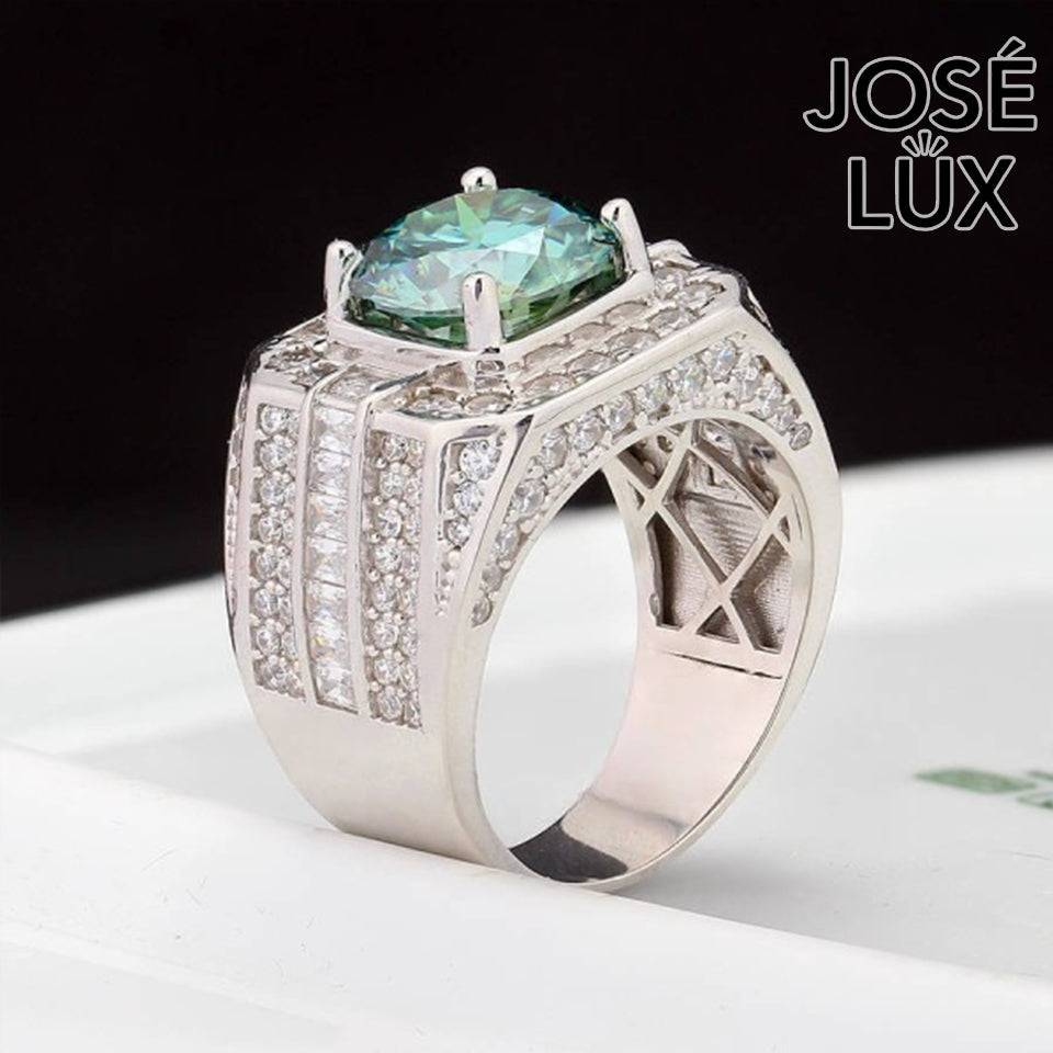 Handmade Men's Round Center Halo Ring with Baguette Side Stones — 925 Sterling Silver, Rhodium Plated White Gold Finish, Blue-Green Moissanite & CZ