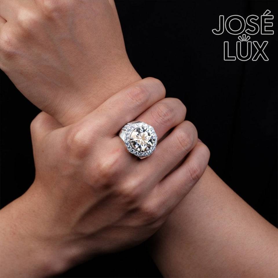 Handmade Men's Halo Ring — 925 Sterling Silver, Rhodium Plated White Gold Finish, 15mm White Moissanite & Swiss CZ Halo