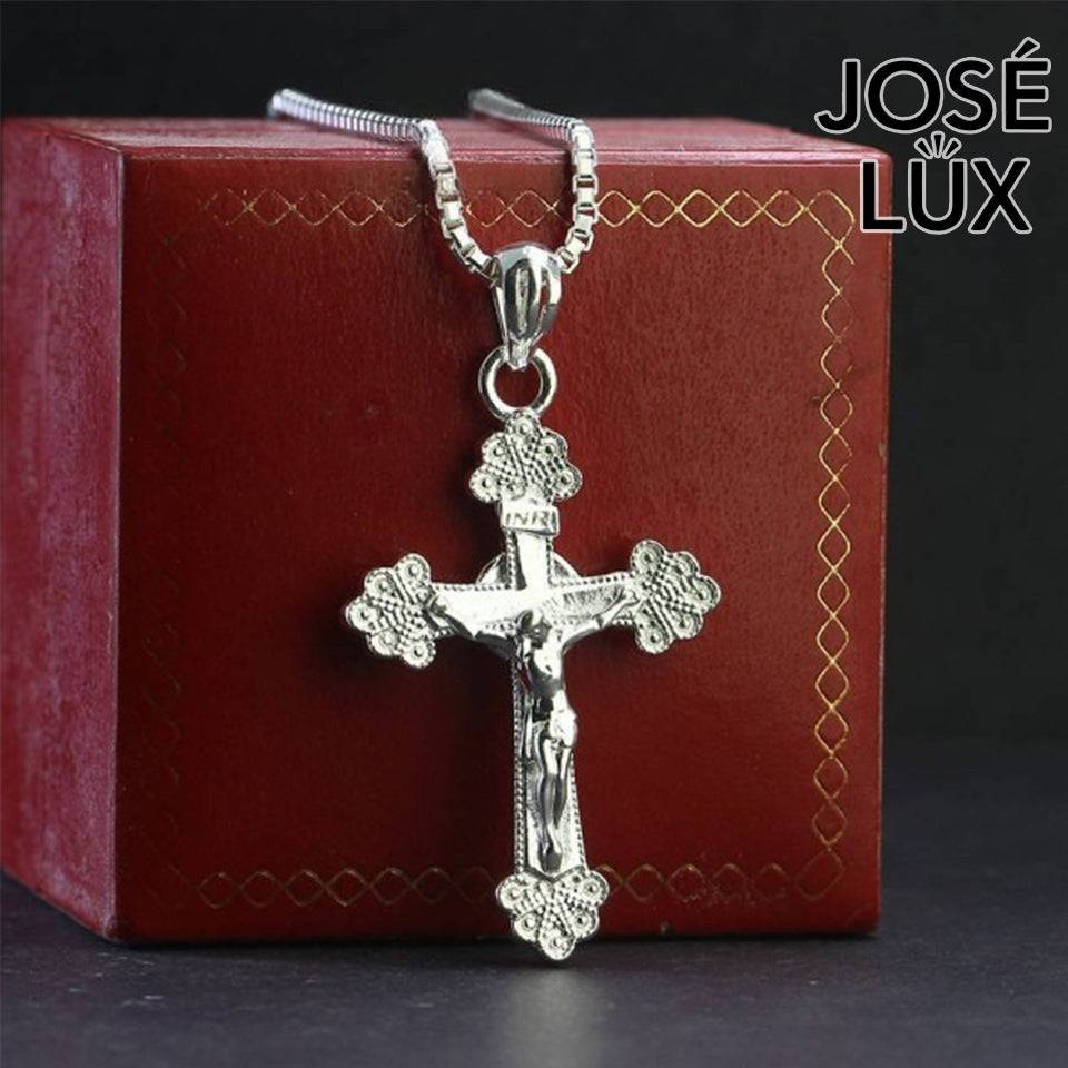 Handmade 925 Sterling Silver Crucifix Pendant Necklace for Men — Rhodium Plated White Gold Finish, Sculpted Jesus Corpus, Ornate Trefoil Arm Caps