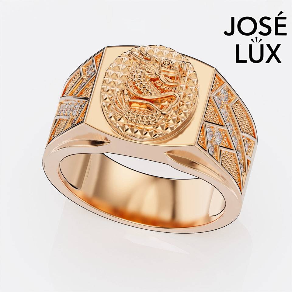 Handmade Dragon Signet Ring — 10K & 14K Gold, Full Moissanite Accents