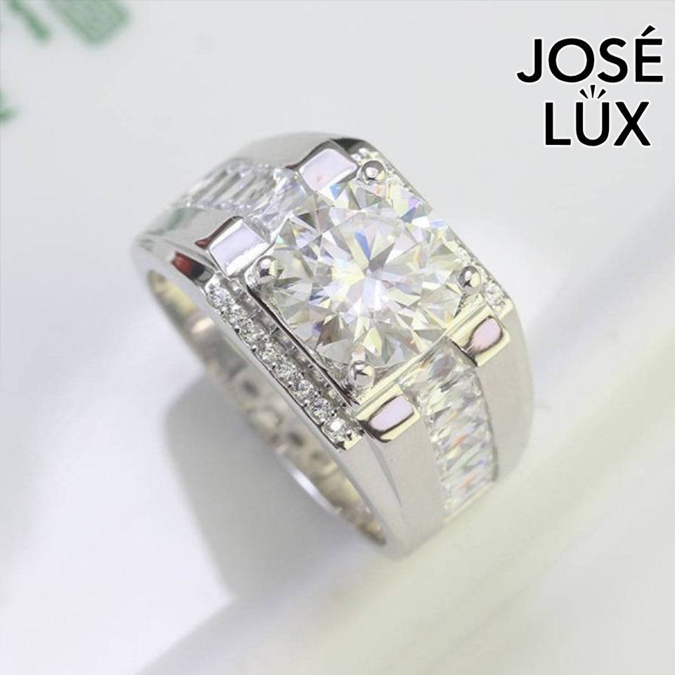 Handmade Men's Round Center Ring with Faceted Geometric Band — 925 Sterling Silver, Rhodium Plated White Gold Finish, Moissanite & CZ